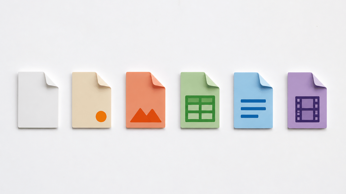 Icones de fichiers numeriques alignes horizontalement sur fond blanc