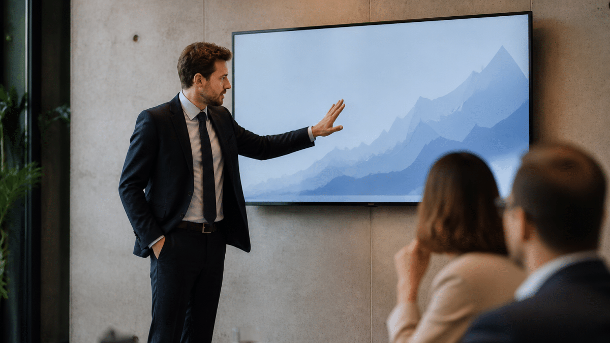 Homme en costume presente diagramme sur ecran geant
