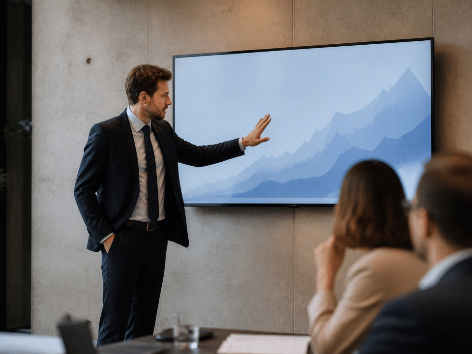 Homme en costume presente diagramme sur ecran geant