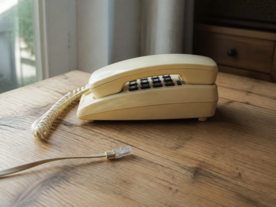 Telephone pose sur table avec cable secteur debranche