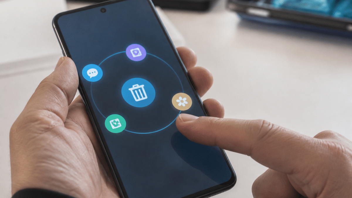 Ecran smartphone affichant messages recuperes avec icone de restauration