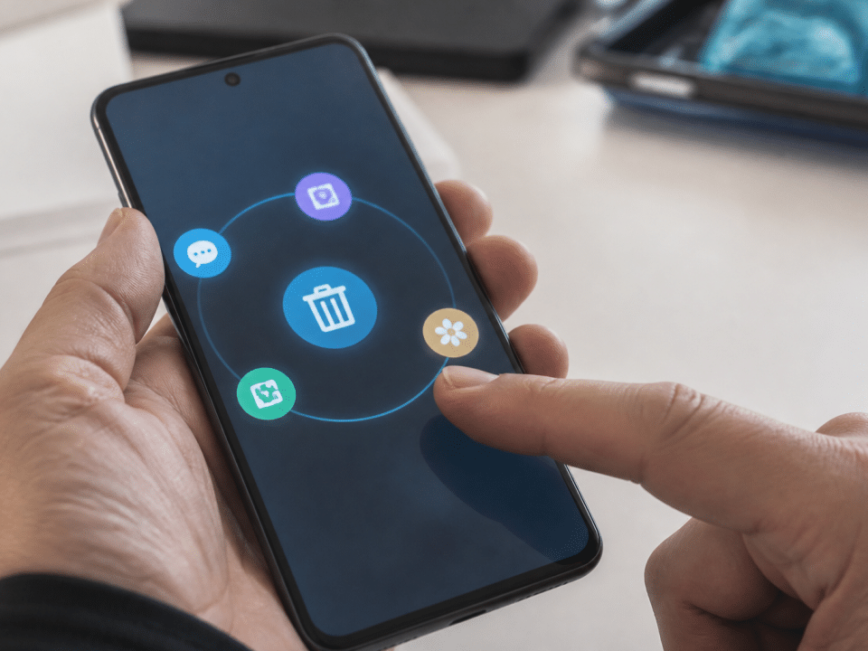 Ecran smartphone affichant messages recuperes avec icone de restauration