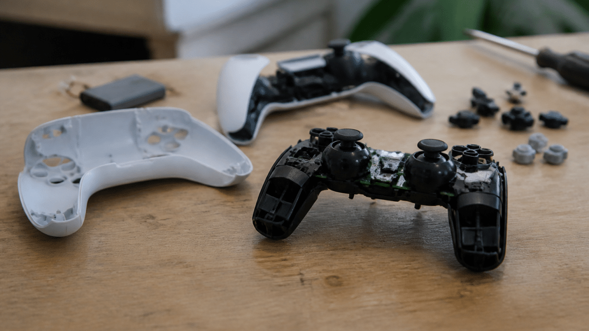 Manette PlayStation 5 demontee posee sur etabli de reparation