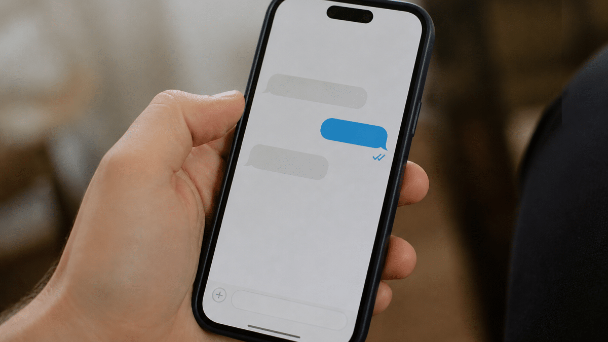Smartphone affichant message texte avec indicateurs lecture bleus