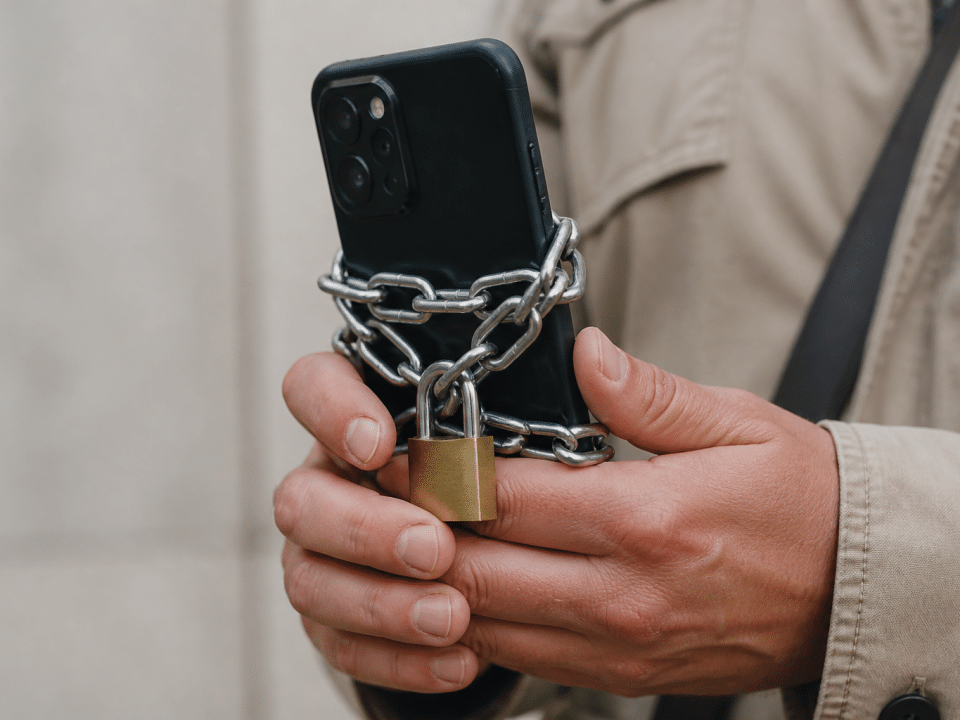 Main tenant telephone avec cadenas fermé affiche protection donnees
