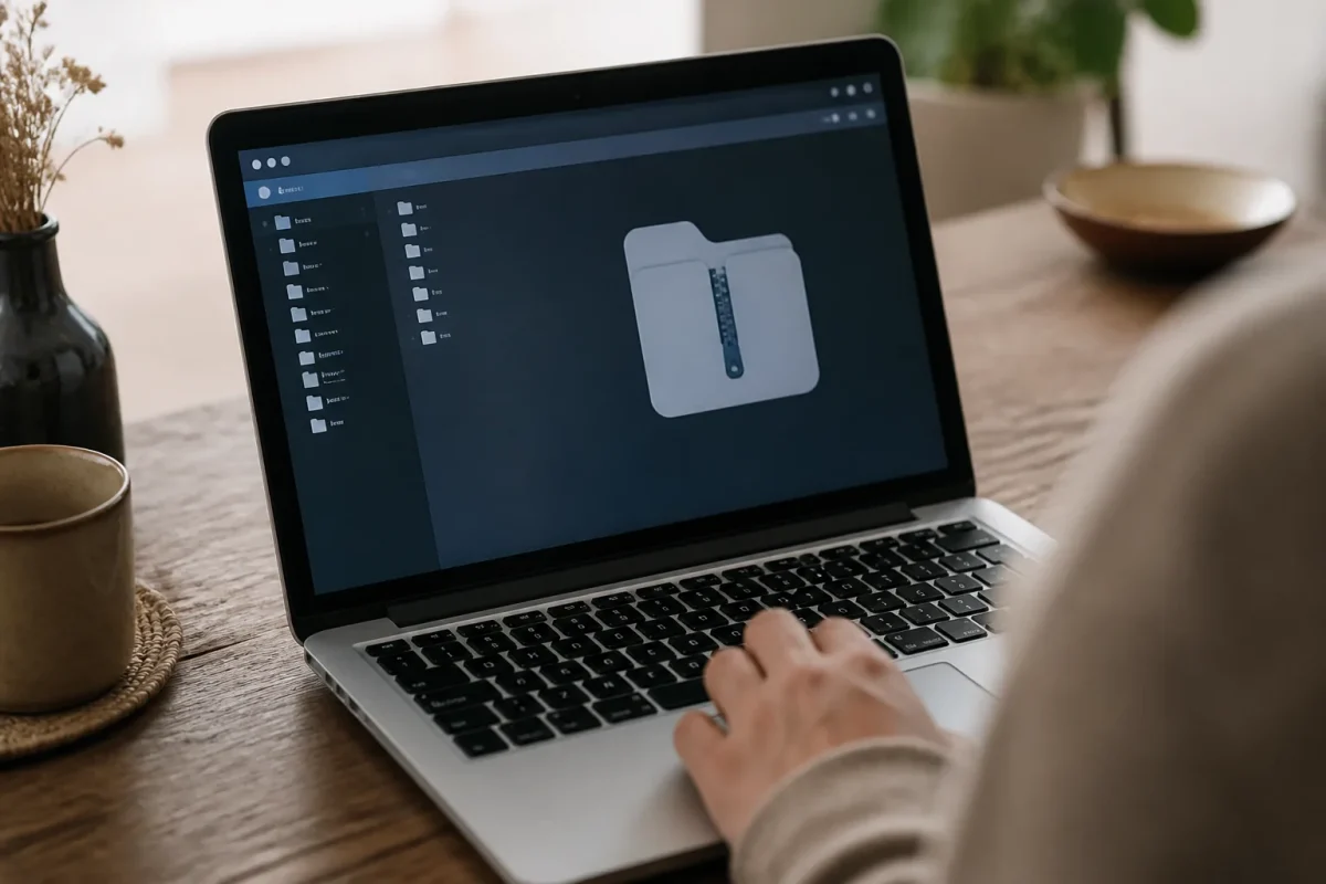 Dossier archive zip ouvert sur ordinateur portable