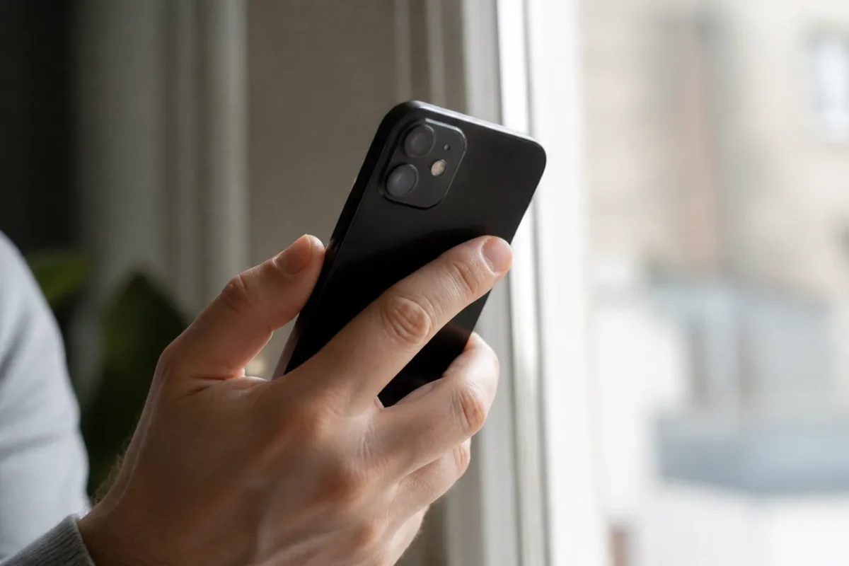 Main tenant un iPhone noir devant une fenetre lumineuse