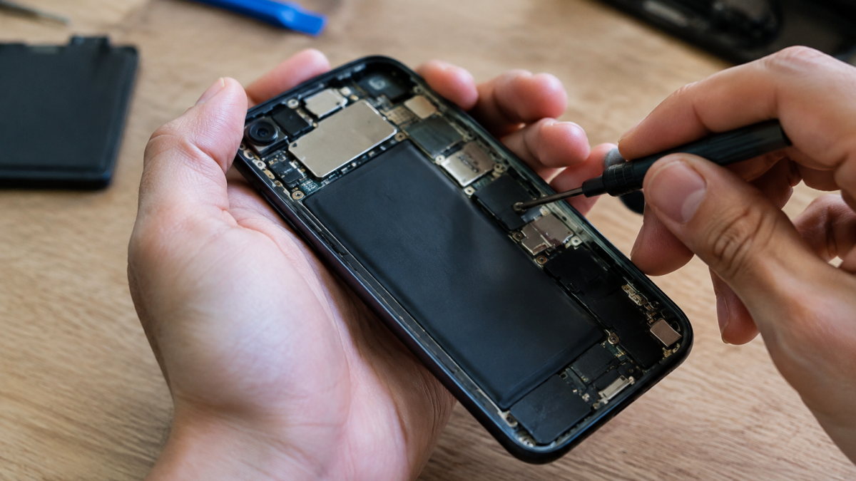 Mains tiennent un petit tournevis sur un smartphone ouvert