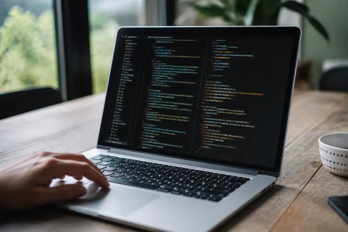 Ordinateur portable affichant des lignes de code colorees