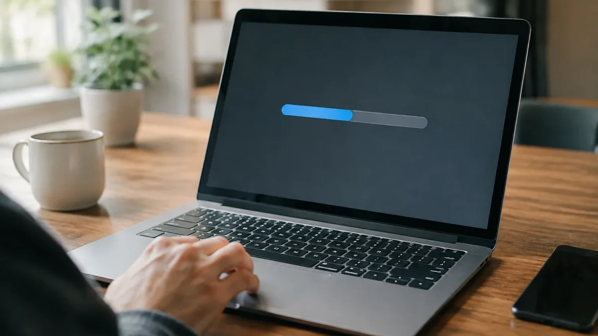 Ordinateur portable ouvert affichant une barre de progression
