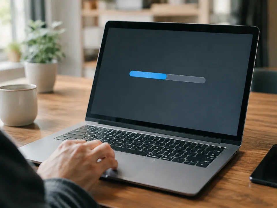 Ordinateur portable ouvert affichant une barre de progression