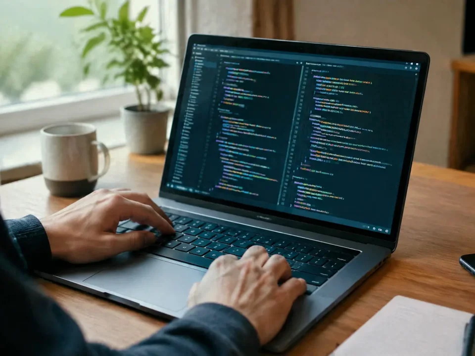 Ordinateur portable ouvert affichant des lignes de code