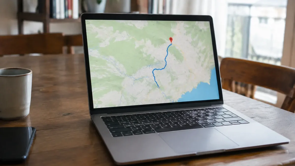 Ordinateur portable ouvert sur table affichant une carte GPS