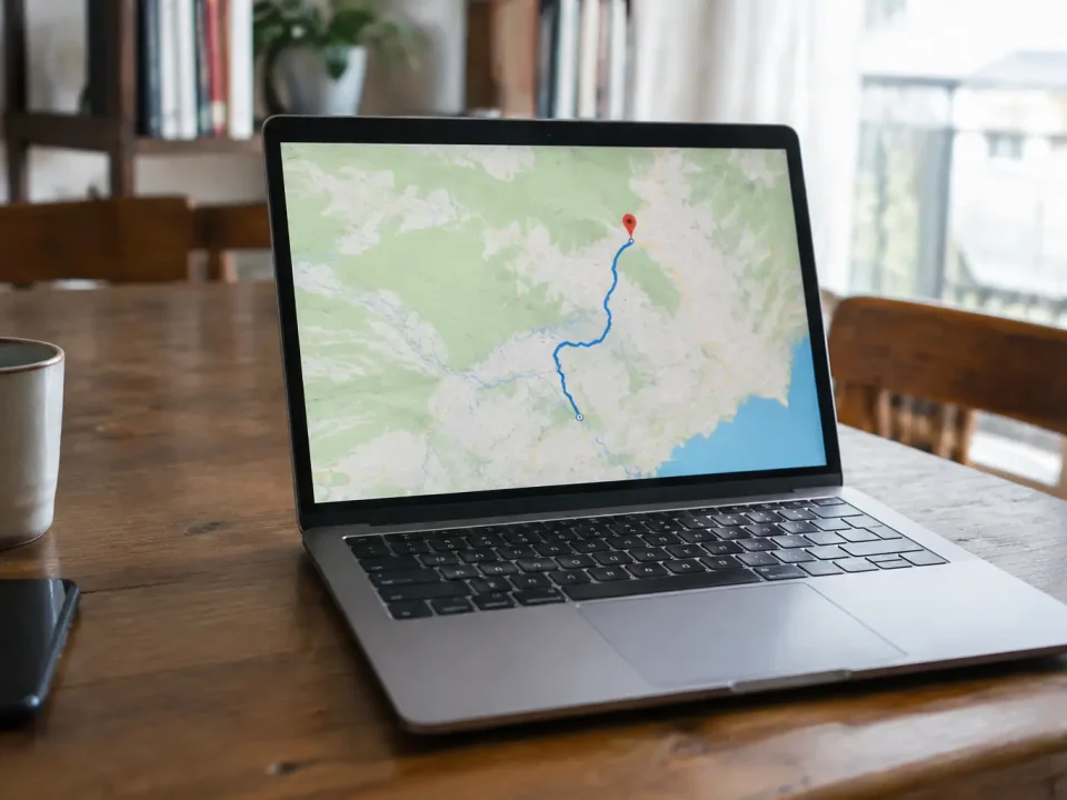 Ordinateur portable ouvert sur table affichant une carte GPS