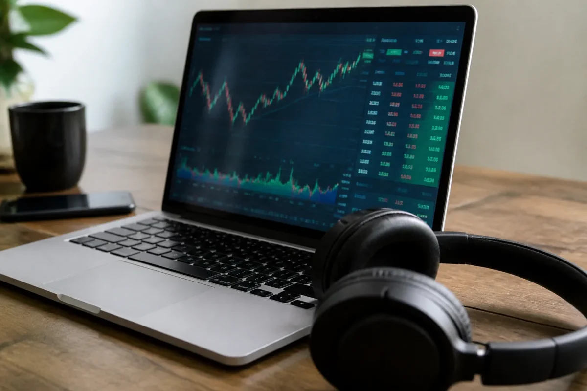 Ordinateur portable avec tableau de chiffres et casque audio