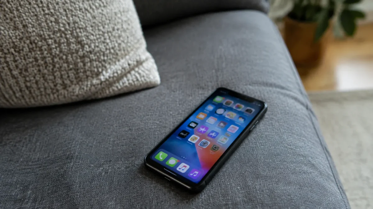 Smartphone allumé posé à plat sur un canapé