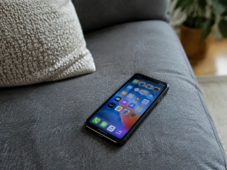 Smartphone allumé posé à plat sur un canapé