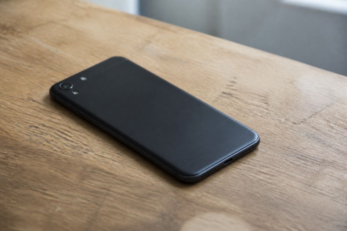 Smartphone noir au dos en aluminium sur table