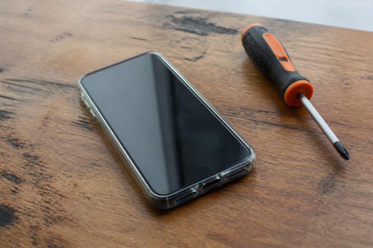 Smartphone pose sur une table en bois avec tournevis
