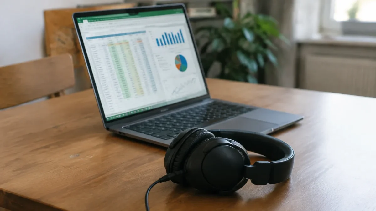 Tableur affiche sur portable, casque audio pose devant