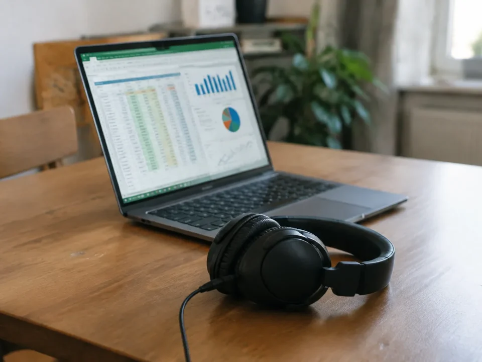 Tableur affiche sur portable, casque audio pose devant