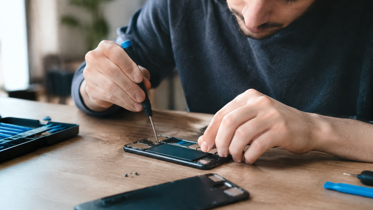 Technicien devisse le dos du telephone sur table