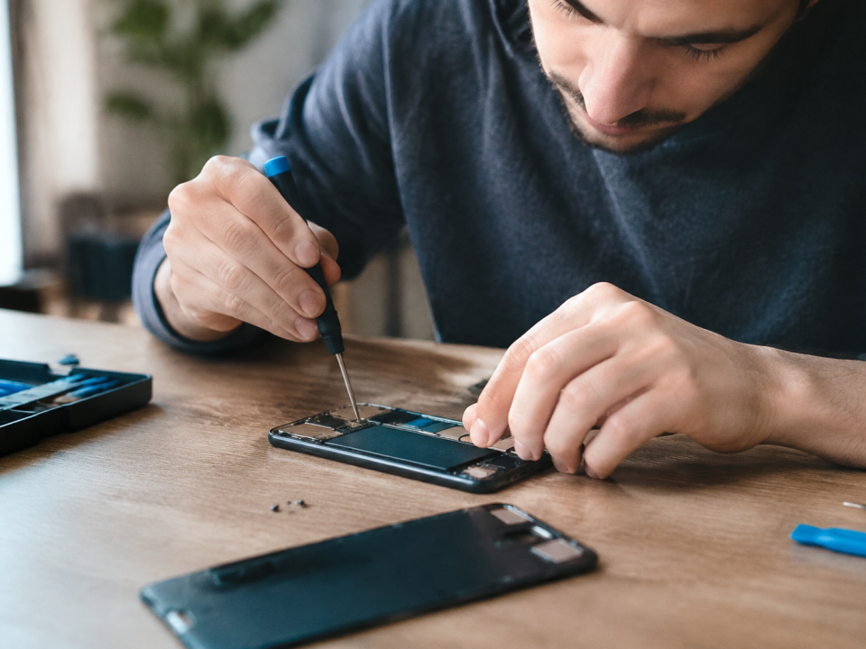 Technicien devisse le dos du telephone sur table