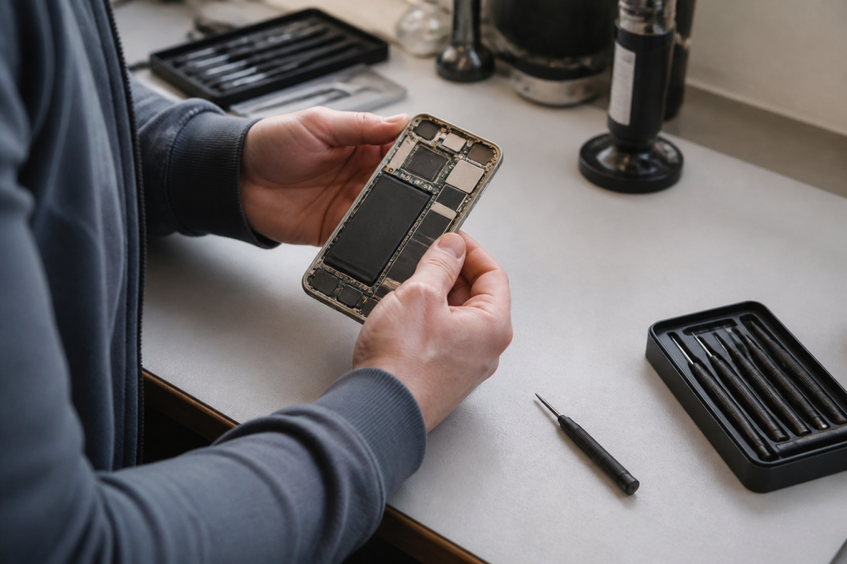 Technicien tenant un smartphone demonte pres de petits tournevis
